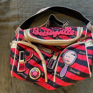 Betsey Johnson Betseyville Embroidered Makeup Patches Purse Handbag RedBlack Y2K